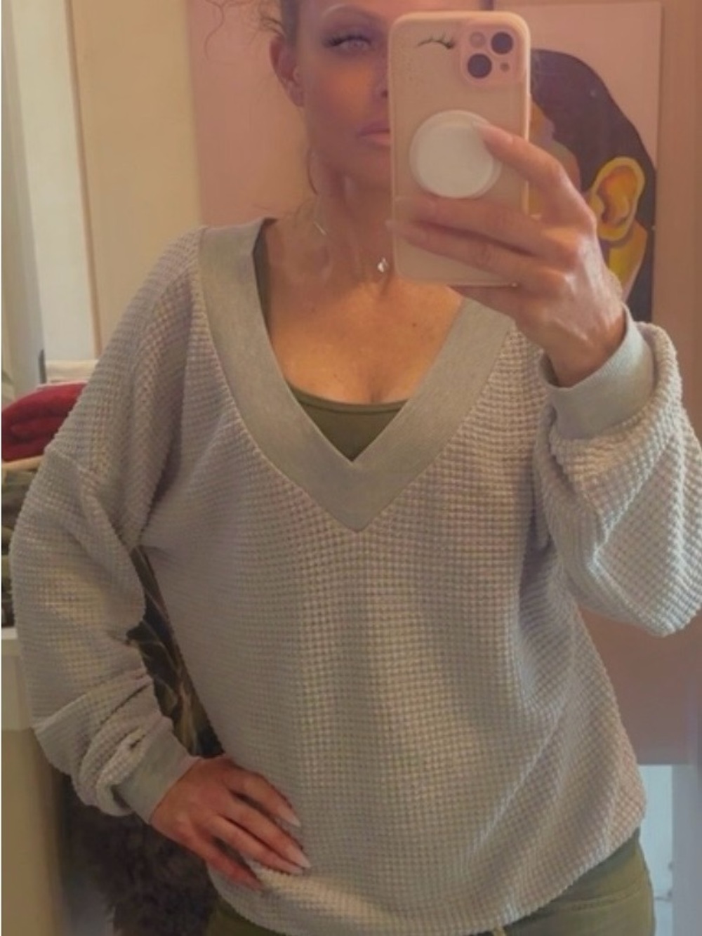 V-Neck Waffle Knit Women's Sweater - Light Gray